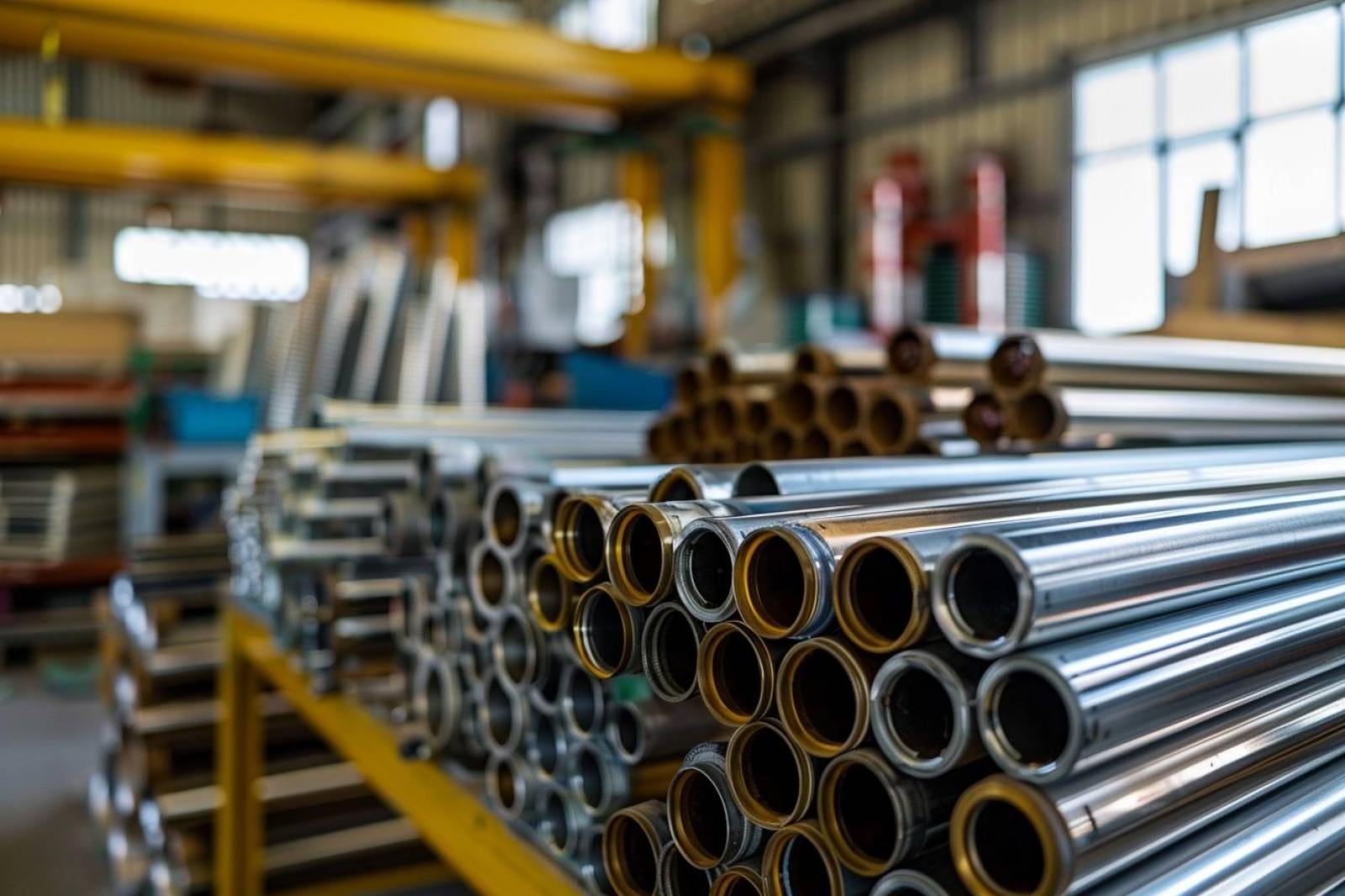 Tube radiant gaz suspendu sous la charpente d’un atelier industriel, au-dessus d’une zone de travail