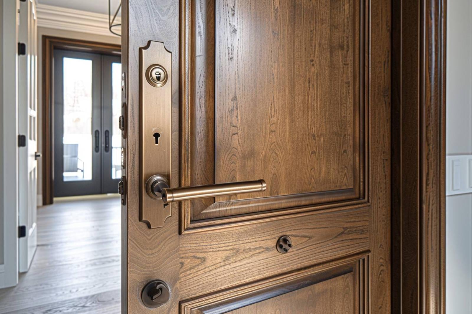 Porte intérieure en bois équipée d’une poignée moderne, de paumelles et d’une serrure
