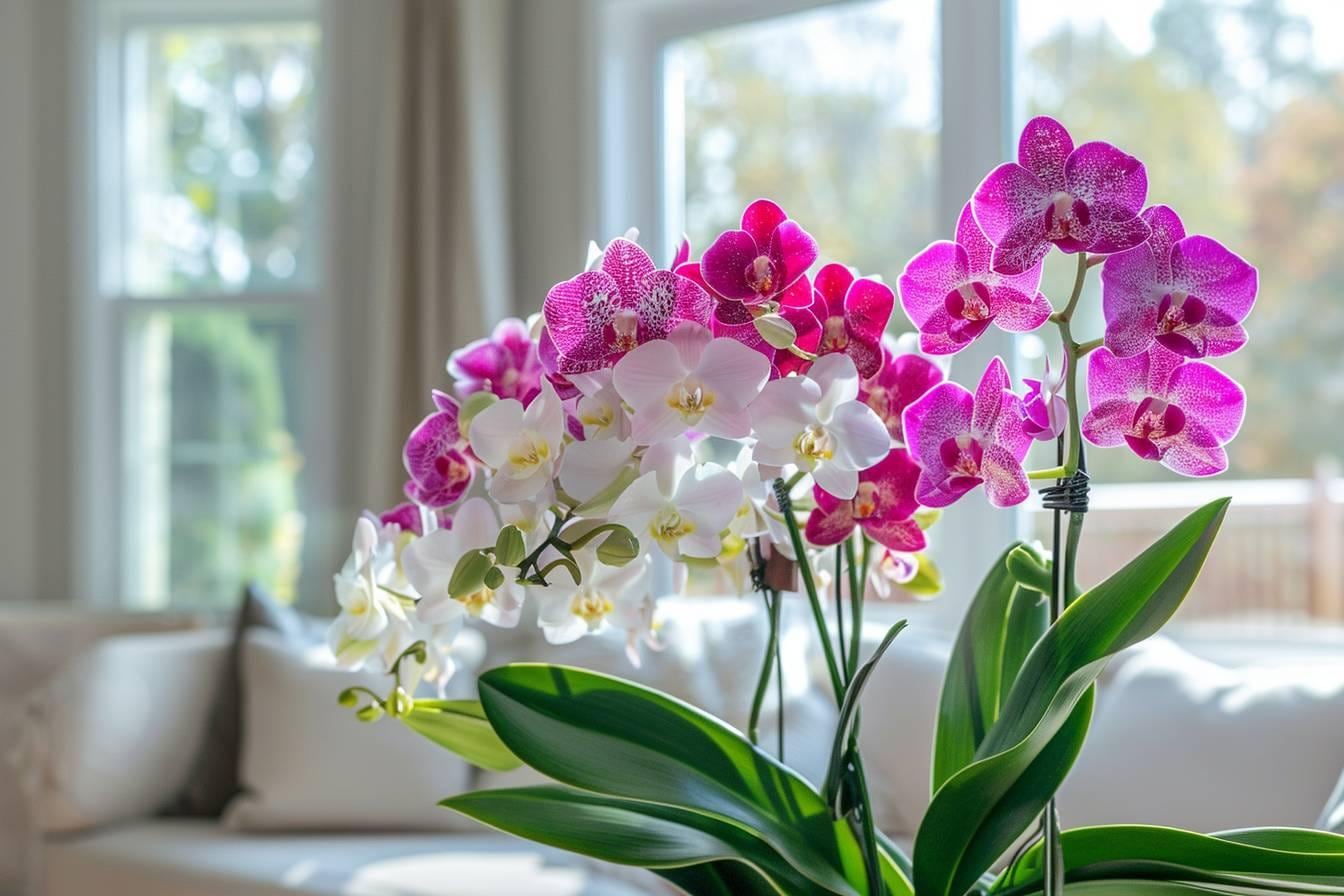 Orchidée Phalaenopsis en pot transparent posée près d’une fenêtre lumineuse, avec fleurs roses et racines visibles