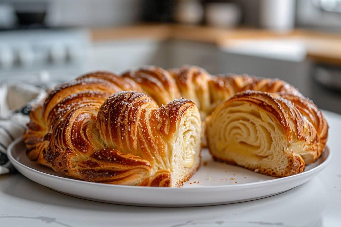 Brioche dorée et moelleuse servie sur une table de petit-déjeuner avec fruits et boisson chaude
