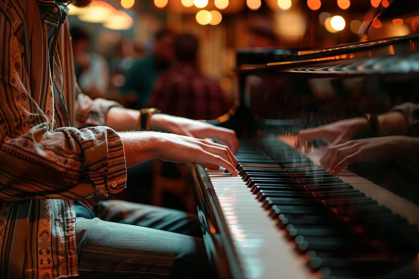 Pianiste jouant des accords et une mélodie improvisée sur un piano, avec une partition de jazz ouverte