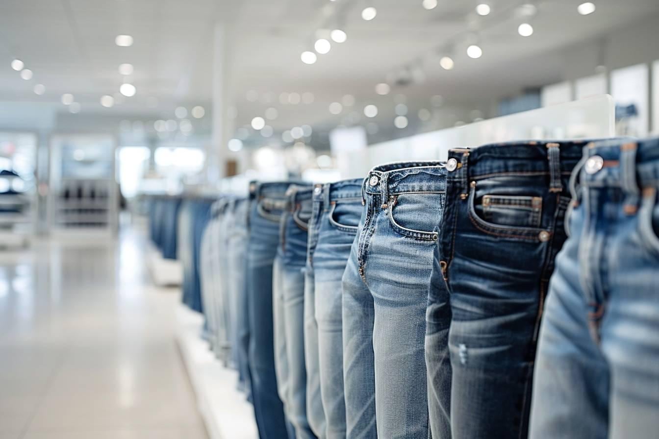 Jean brut plié sur une table avec une étiquette indiquant une fabrication française et des détails de couture visibles