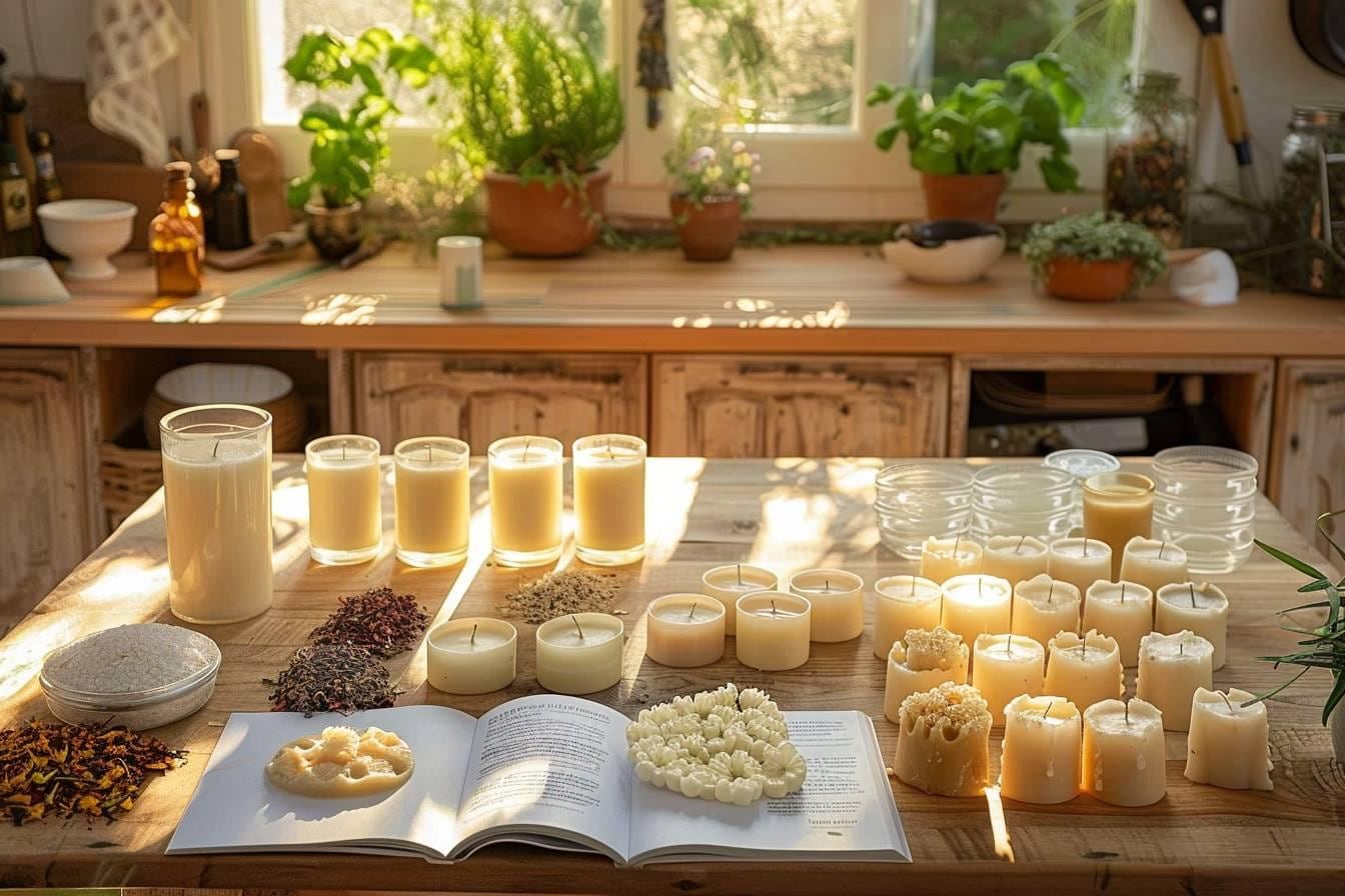 Bougies parfumées naturelles faites maison dans des pots en verre, entourées de cire végétale, de mèches et de plantes aromatiques