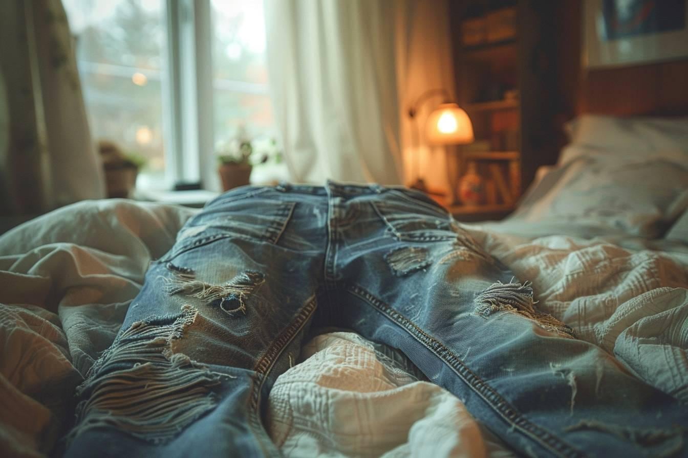 Jean bleu usé posé sur une table avec fil, aiguille, patch en denim et ciseaux de couture