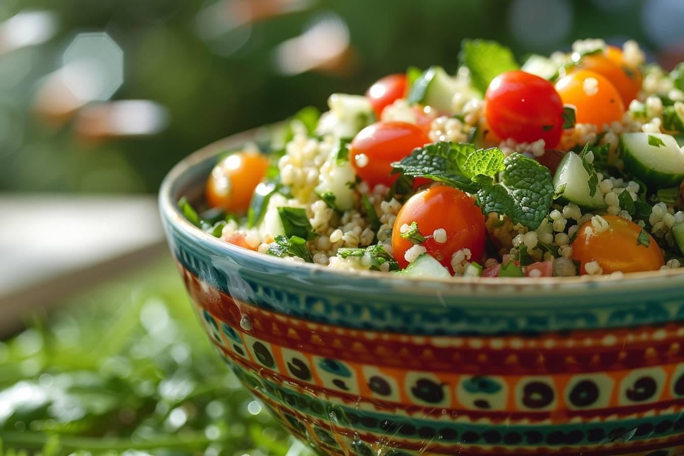 Grand saladier de taboulé au boulgour garni de tomates cerises, concombre, persil frais et menthe