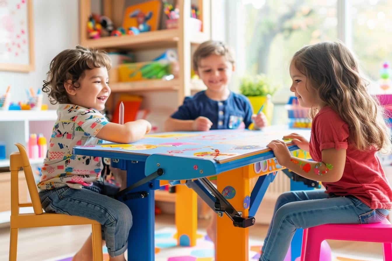 Enfant et parent dessinant le plan d’une table de dessin colorée avec crayons, règles et boîtes de rangement