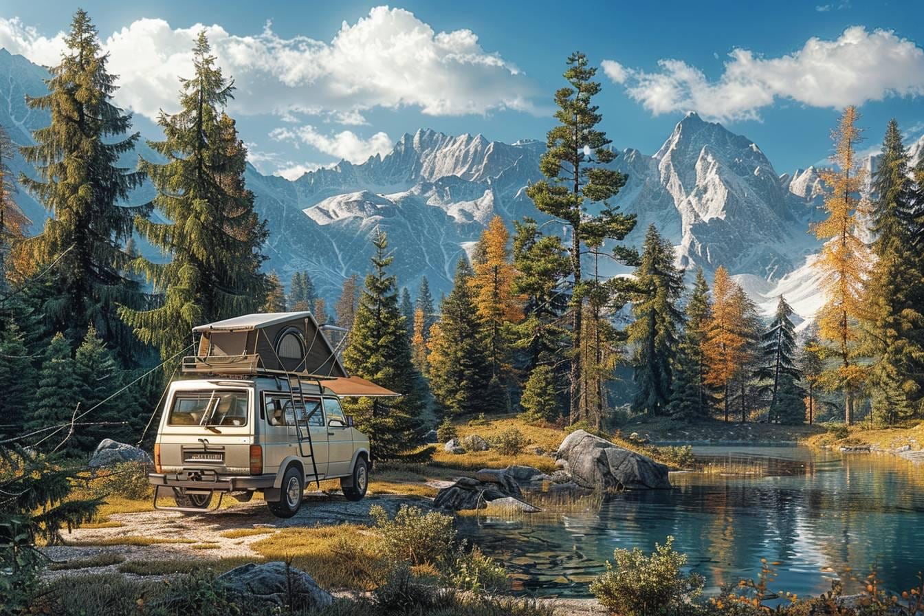 Camping-car stationné en pleine nature avec cales de niveau, store déployé et équipements de voyage rangés à proximité