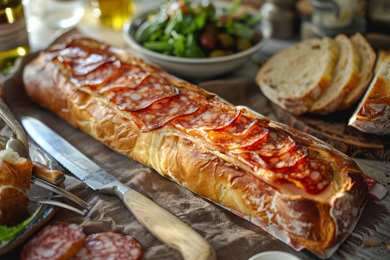 Saucisson brioché doré dans un plat de cuisson, prêt à être servi chaud en tranches