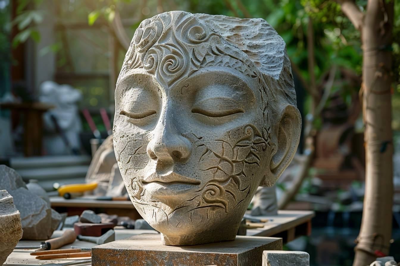 Sculpteur façonnant les traits d’un visage dans un bloc de pierre avec un ciseau et une massette
