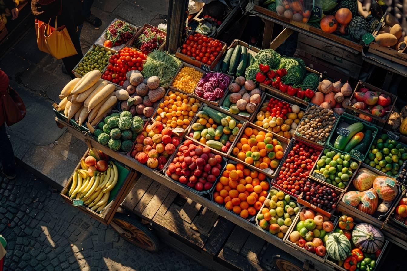 Étal coloré de fruits et légumes frais chez un commerçant, avec tomates, agrumes, pommes et légumes de saison soigneusement présentés