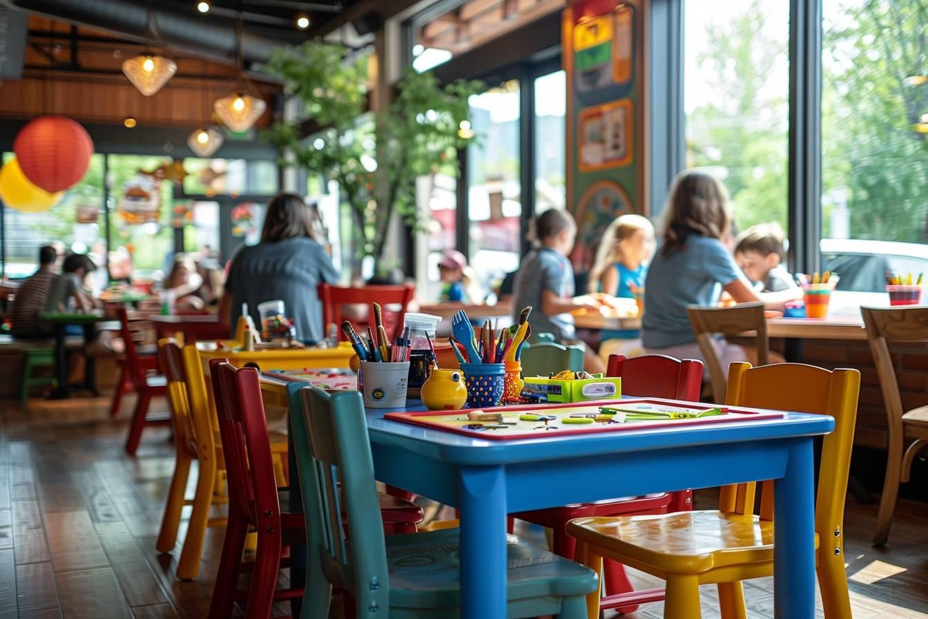 Chaise haute et petite table en bois installées dans l’espace familial chaleureux d’un restaurant