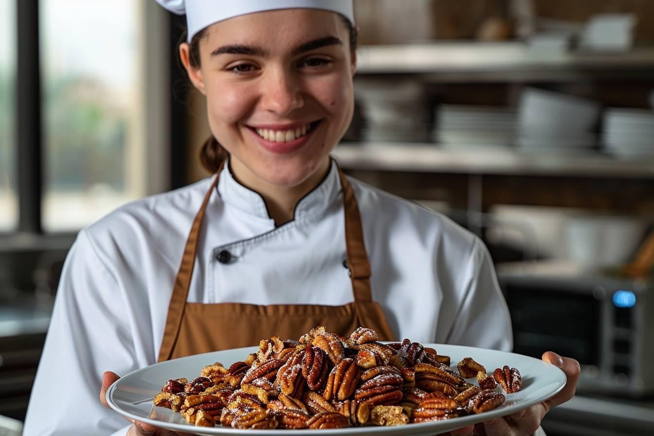 Noix de pécan, dattes et épices disposées sur une table de cuisine dans une ambiance inspirée de Dubaï