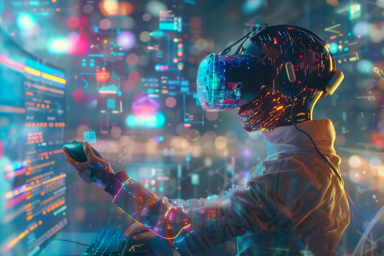 Joueur portant un casque de réalité virtuelle devant un ordinateur affichant VRChat et des outils de diagnostic