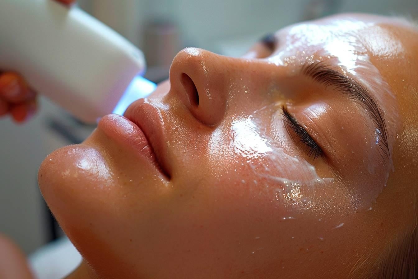 Femme recevant un soin de lumière pulsée sur le visage dans un centre esthétique