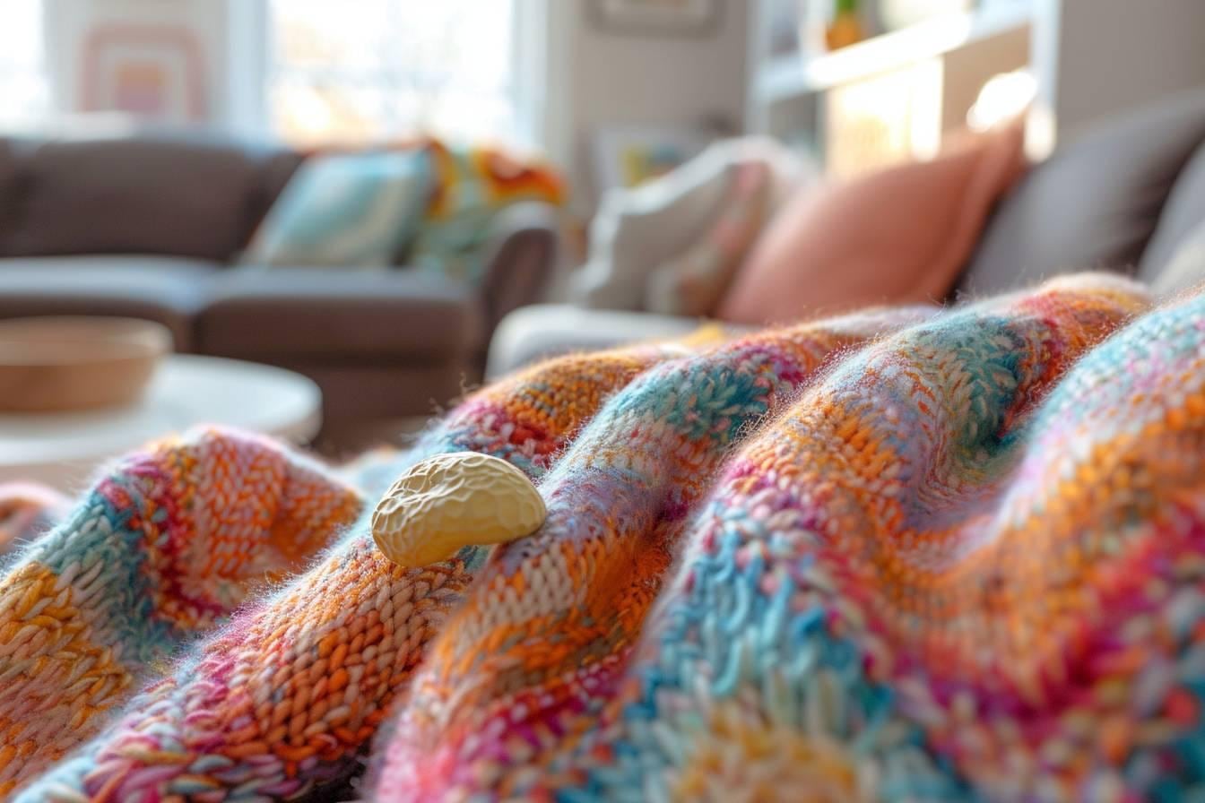 Pull en maille posé à plat avec un chewing-gum en cours de retrait à l’aide d’une carte plastique et de glaçons
