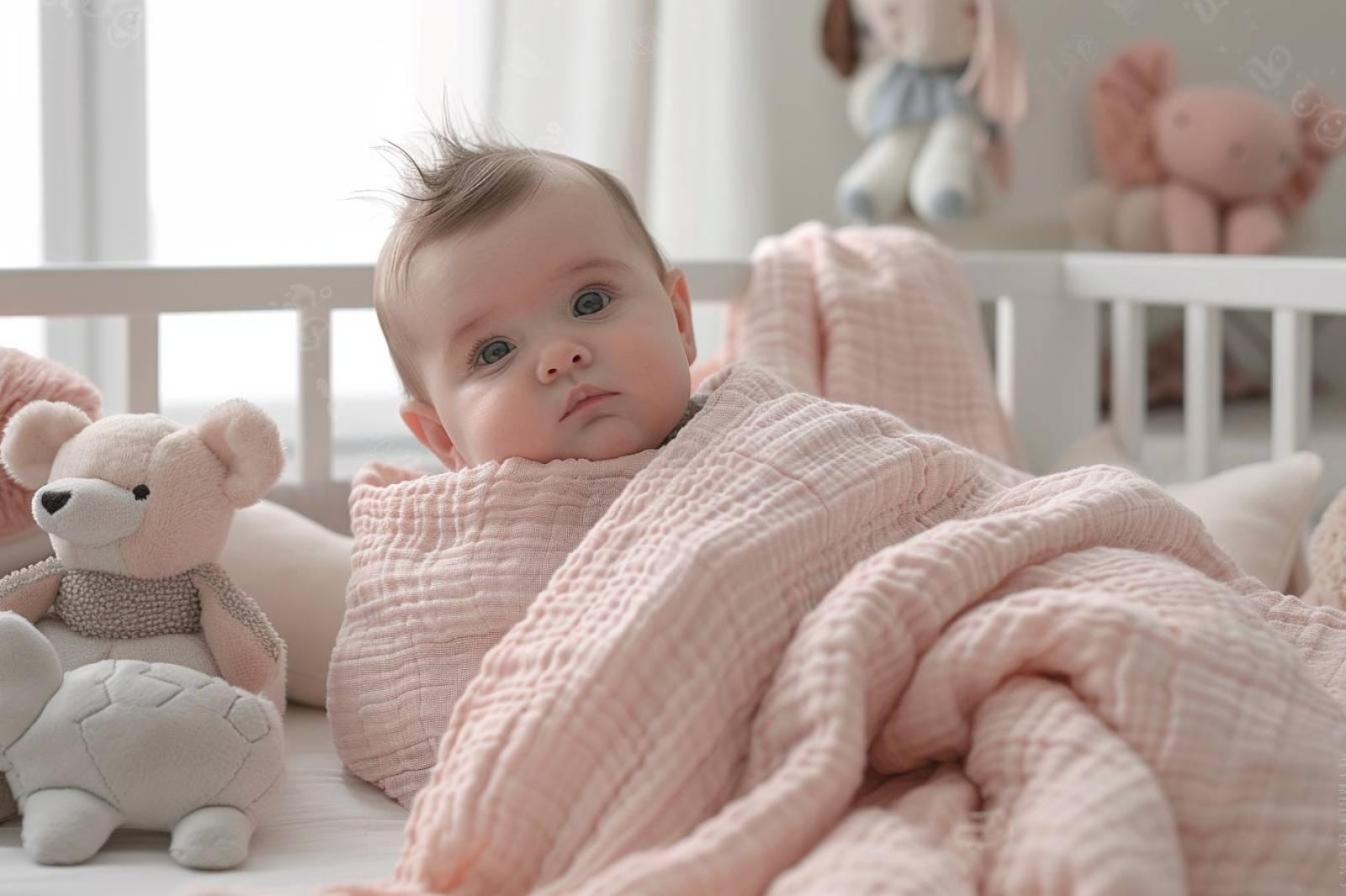 Nouveau-né endormi dans les bras d’un parent, enveloppé d’une fine couverture en coton clair