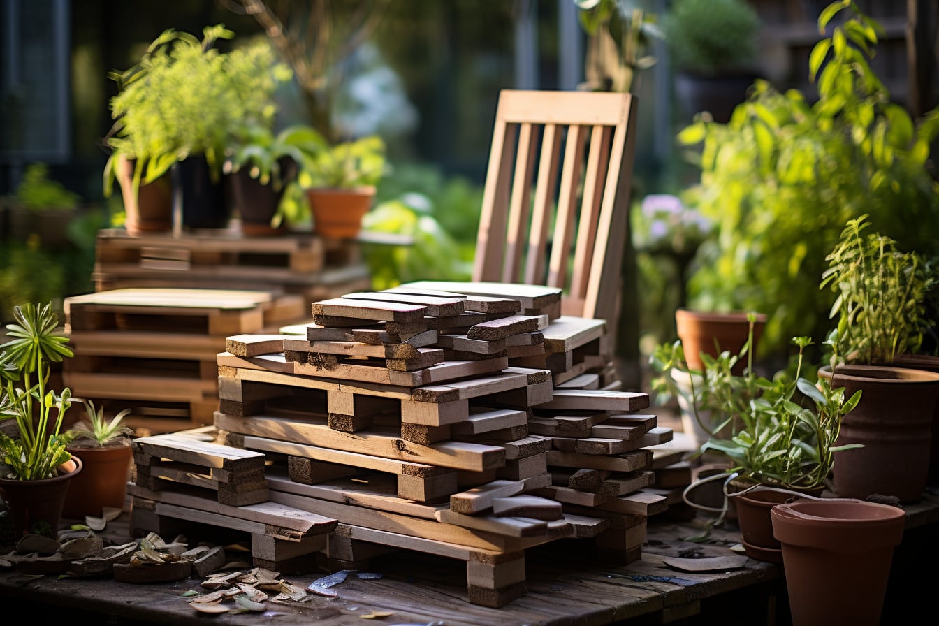 Salon de jardin fabriqué avec des palettes en bois, composé d’une banquette basse, d’une table et de coussins sur une terrasse