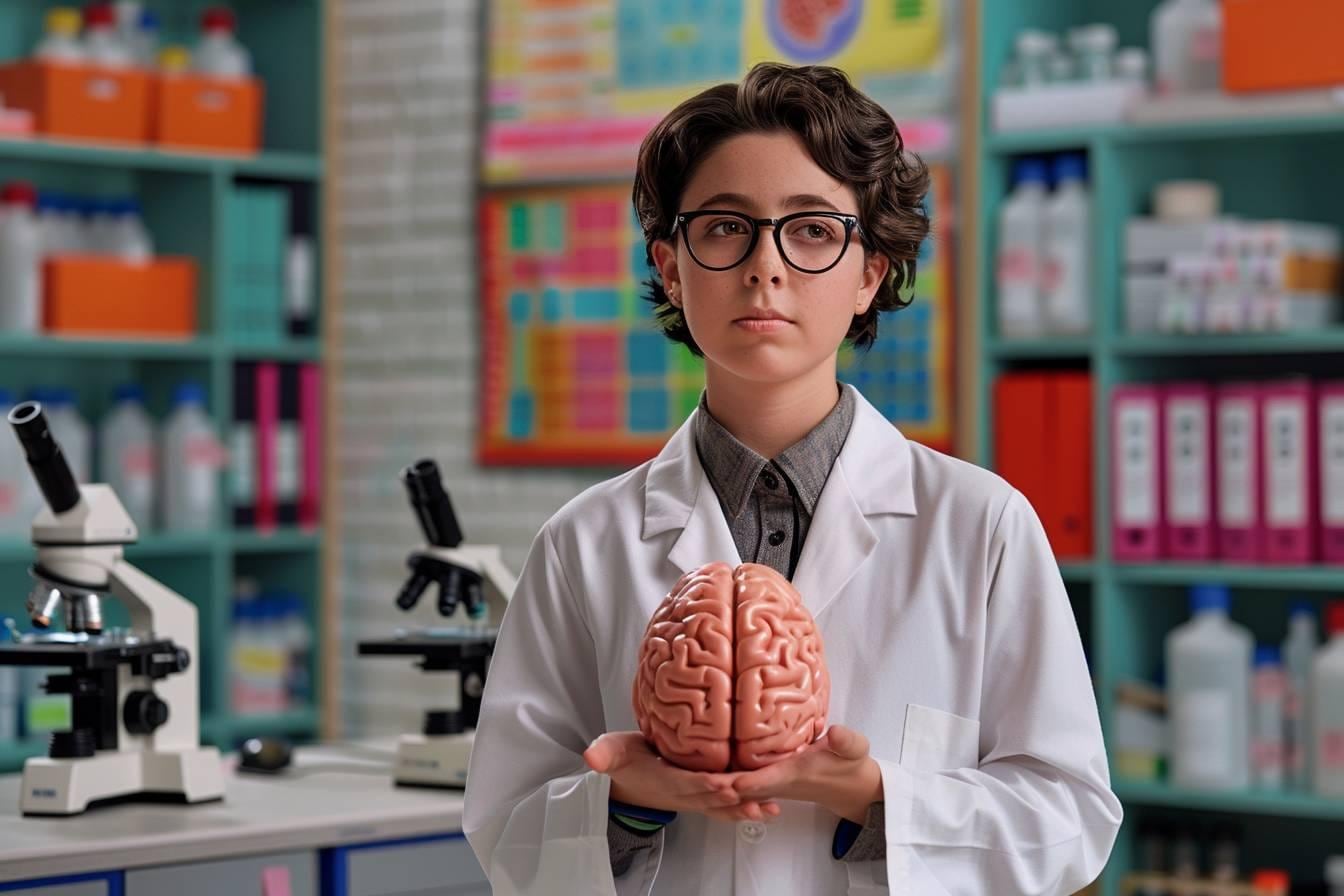 Chercheuse étudiant l’activité cérébrale sur un écran, entourée de notes d’anatomie et de données scientifiques