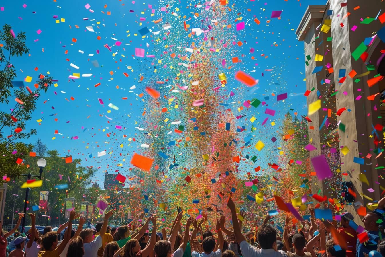 Pluie de confettis colorés au-dessus d’une foule réunie lors d’un événement festif
