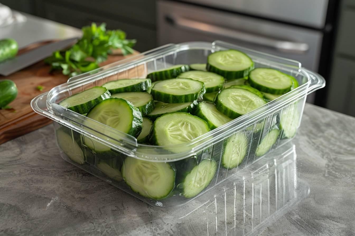 Rondelles et dés de concombre préparés dans des sachets hermétiques pour la congélation