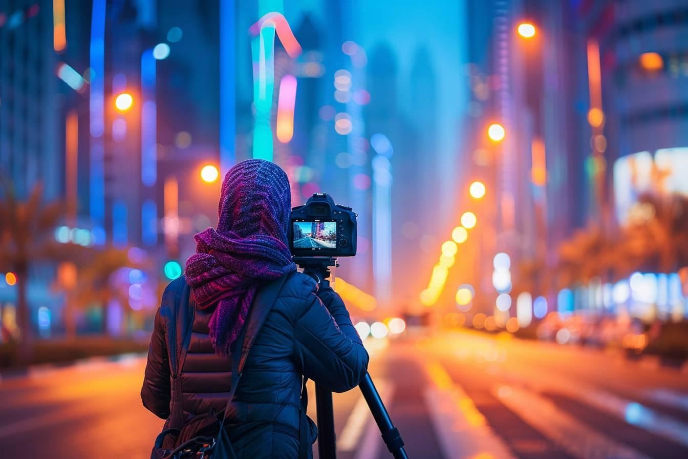Traînées rouges et blanches de phares sur une avenue de nuit, photographiées en pose longue avec la ville éclairée en arrière-plan
