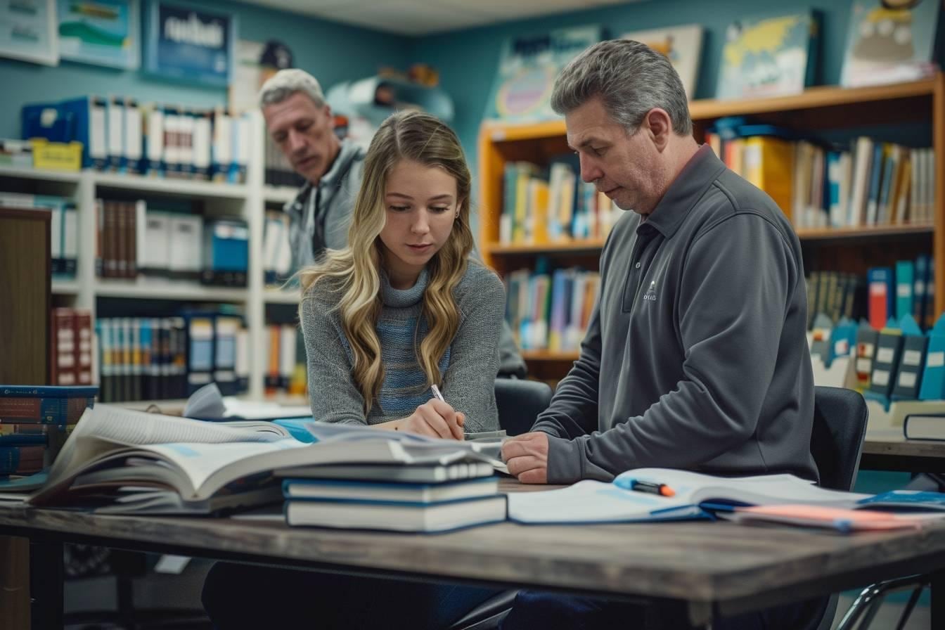 Parent et adolescent analysant ensemble un planning scolaire et les progrès réalisés dans un carnet