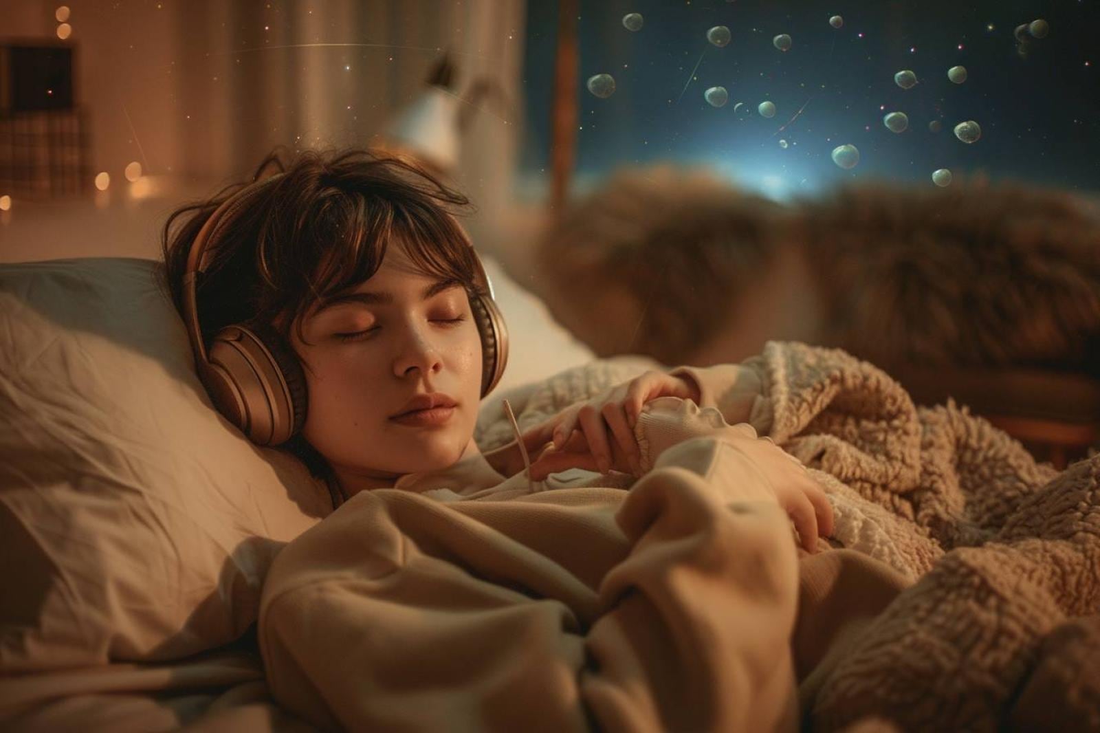 Personne détendue dans son lit avec un casque léger, écoutant des sons ASMR apaisants le soir