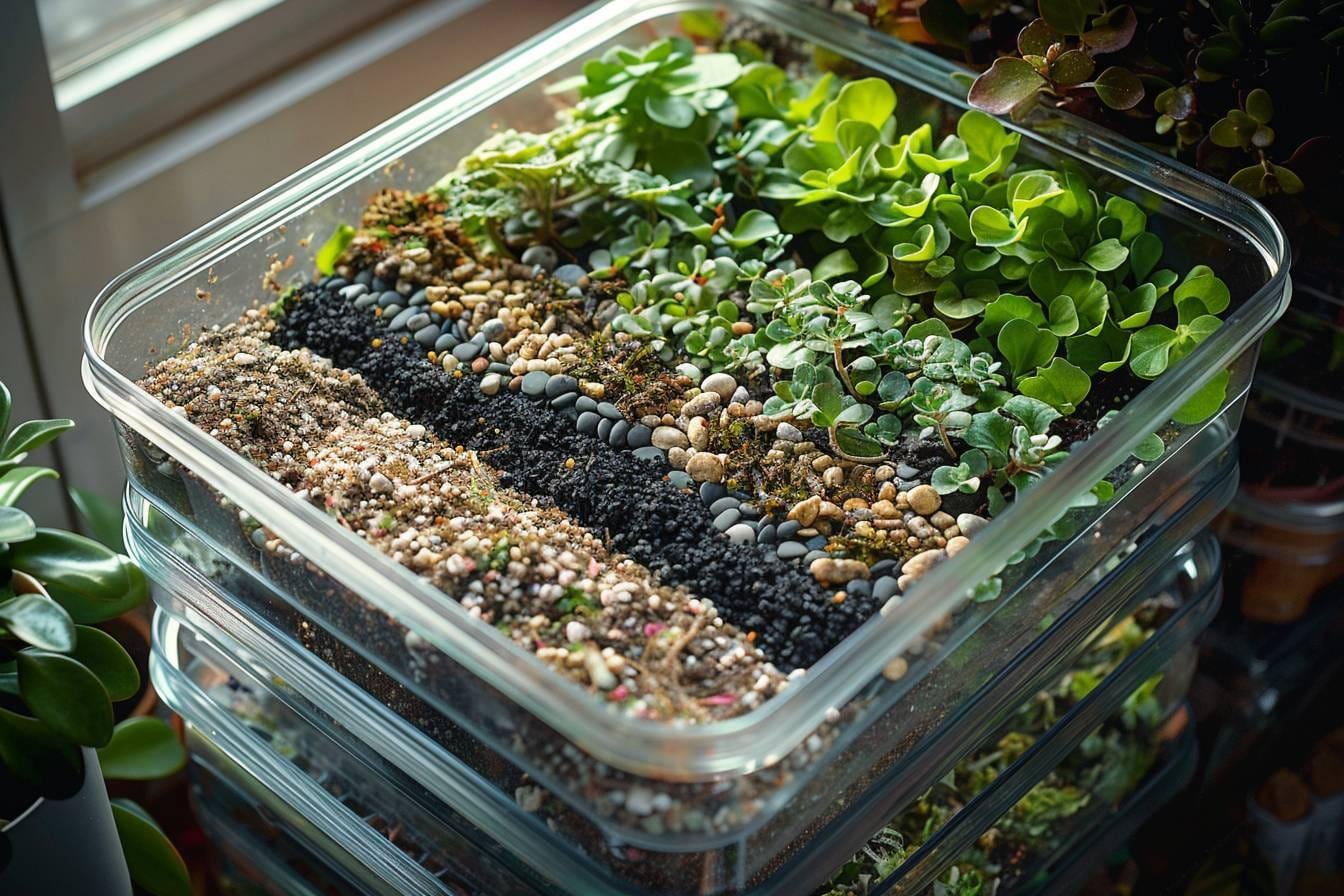 Terrarium végétal en bocal en verre avec mousse, fittonia, gravier de drainage et petites pierres décoratives