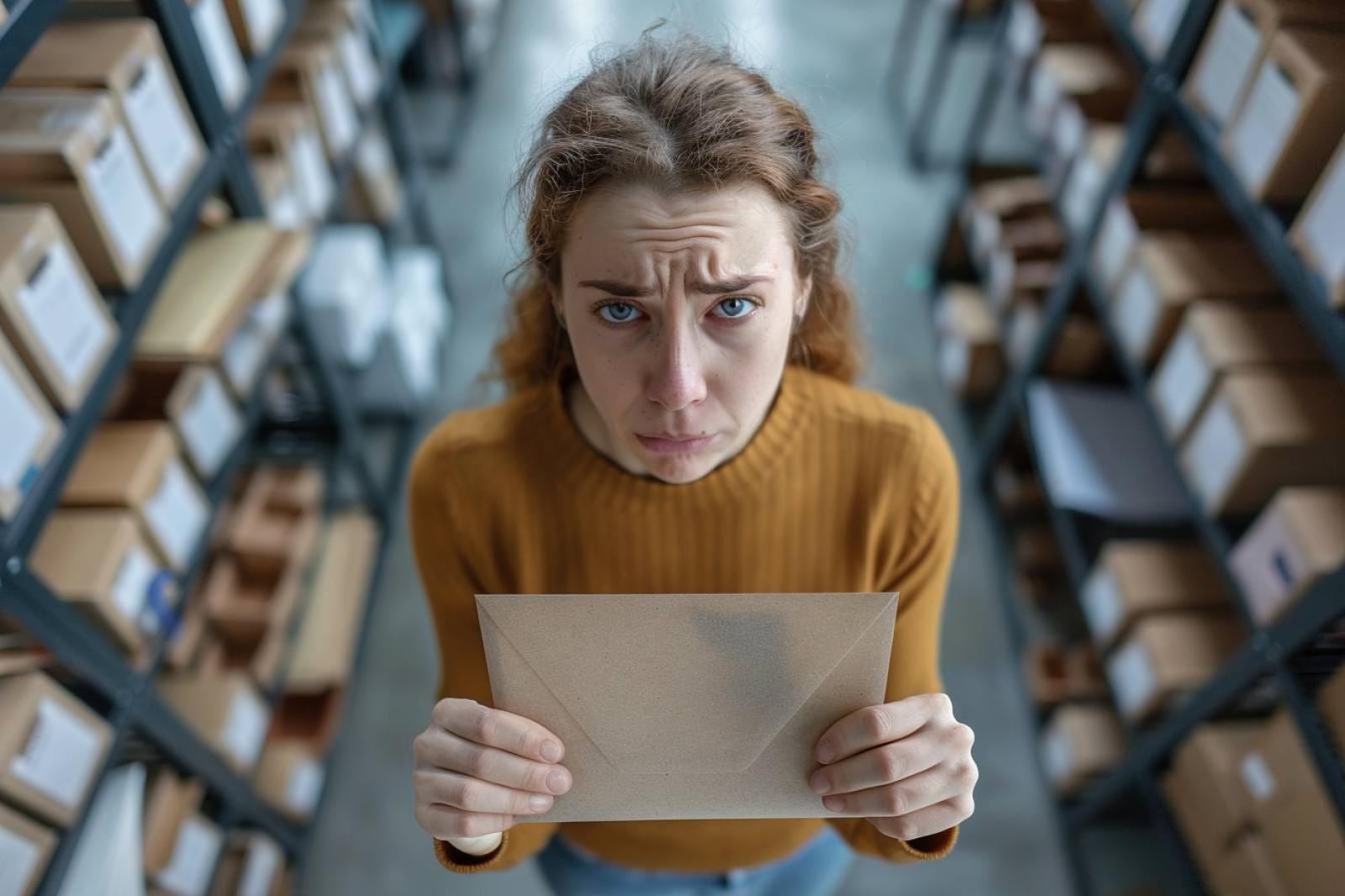 Enveloppe recommandée, reçu de dépôt et téléphone affichant un suivi de courrier en anomalie