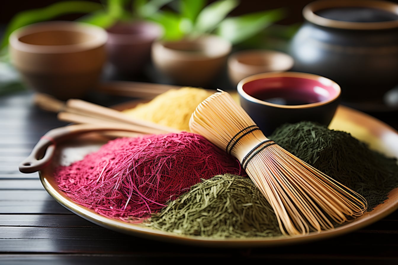 Bol de thé matcha vert vif avec fouet en bambou et poudre de matcha sur une table en bois