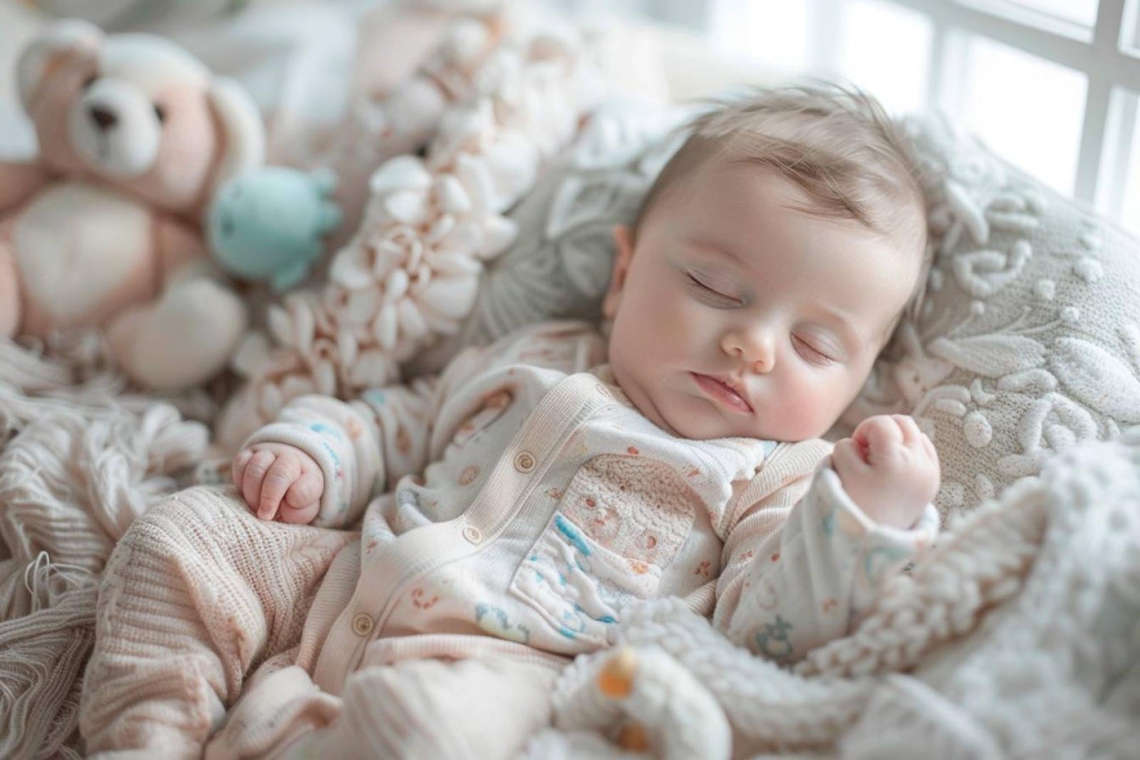 Bébé allongé sur un tapis d’éveil avec une couverture douce en jersey de coton à côté de lui