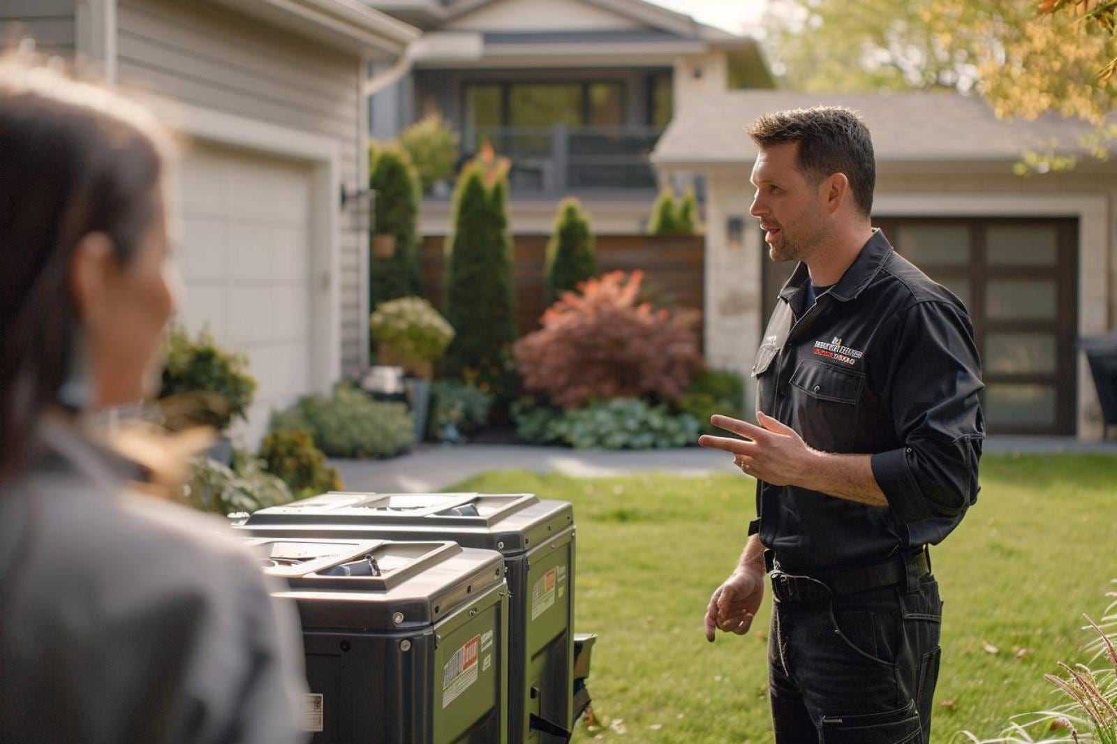 Génératrice résidentielle automatique installée à l’extérieur d’une maison, près du tableau électrique
