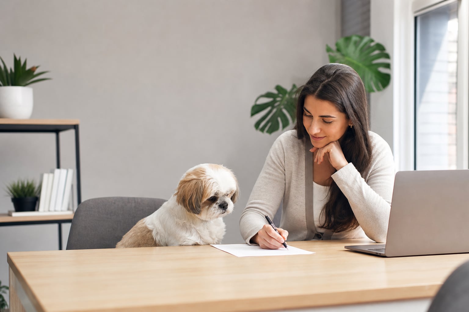 Chien et chat assis près de leur propriétaire consultant les conditions d’une assurance animaux