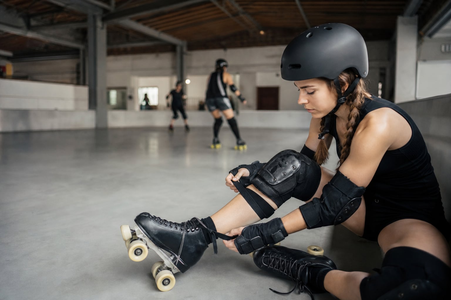 Patineuse de roller derby portant casque, protège-dents, genouillères, coudières et protège-poignets sur une piste