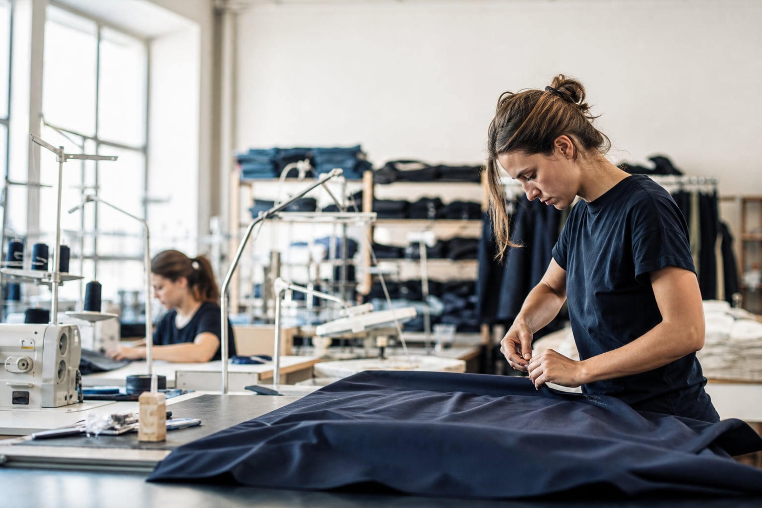 Artisane française travaillant sur une pièce dans un atelier de fabrication, avec outils et matériaux sur un établi