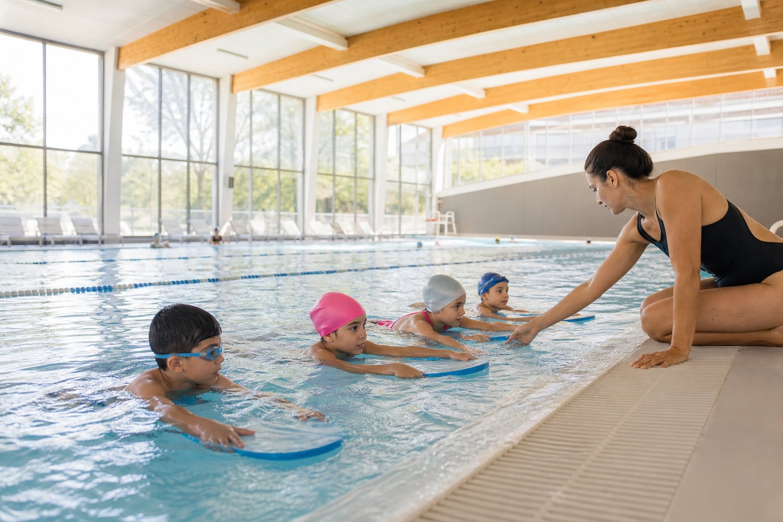 Enfant accompagné par un adulte dans un bassin peu profond lors de ses premiers exercices de natation