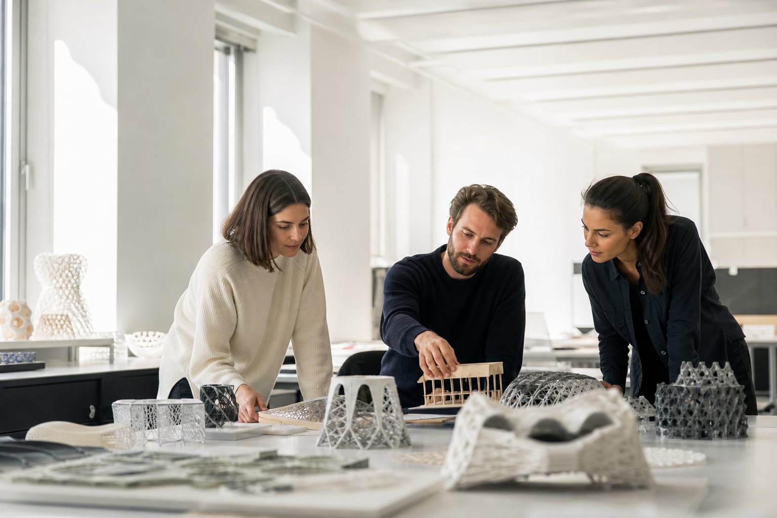 Équipe pluridisciplinaire réunie autour d’écrans, de croquis et de prototypes pour organiser un laboratoire de design génératif