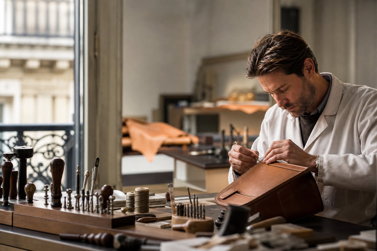 Artisan maroquinier travaillant à la main un sac en cuir dans un atelier évoquant l’héritage Hermès