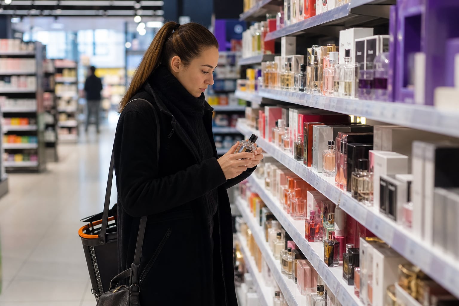 Flacons de parfums abordables alignés dans un rayon beauté de grande surface