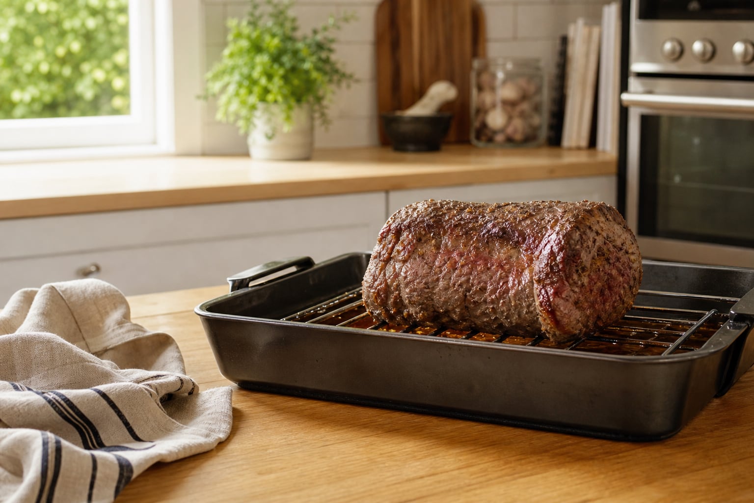 Rôti de bœuf doré dans un plat allant au four, avec un thermomètre de cuisson planté au centre
