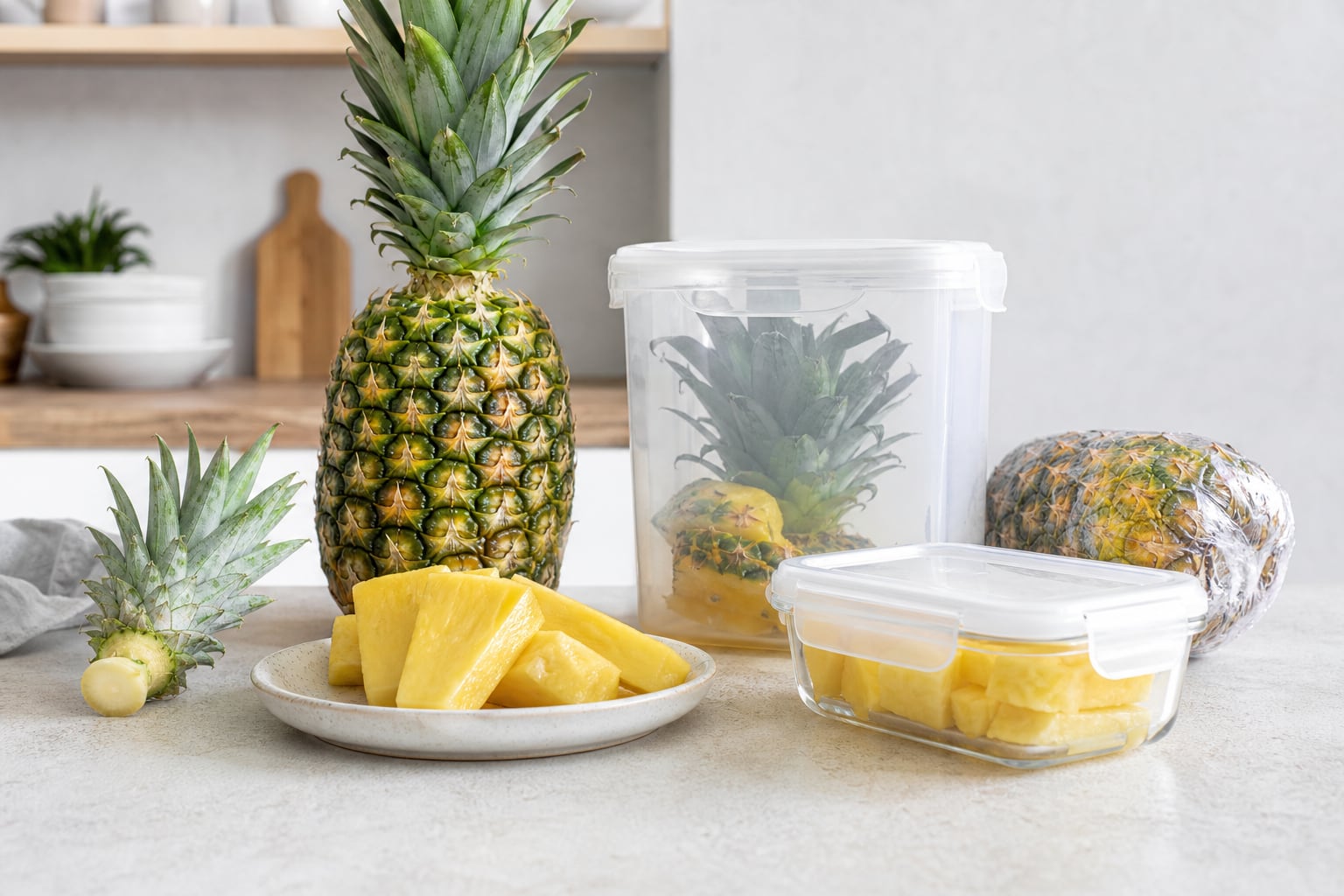 Ananas entier et morceaux d’ananas frais rangés dans des contenants pour une conservation optimale