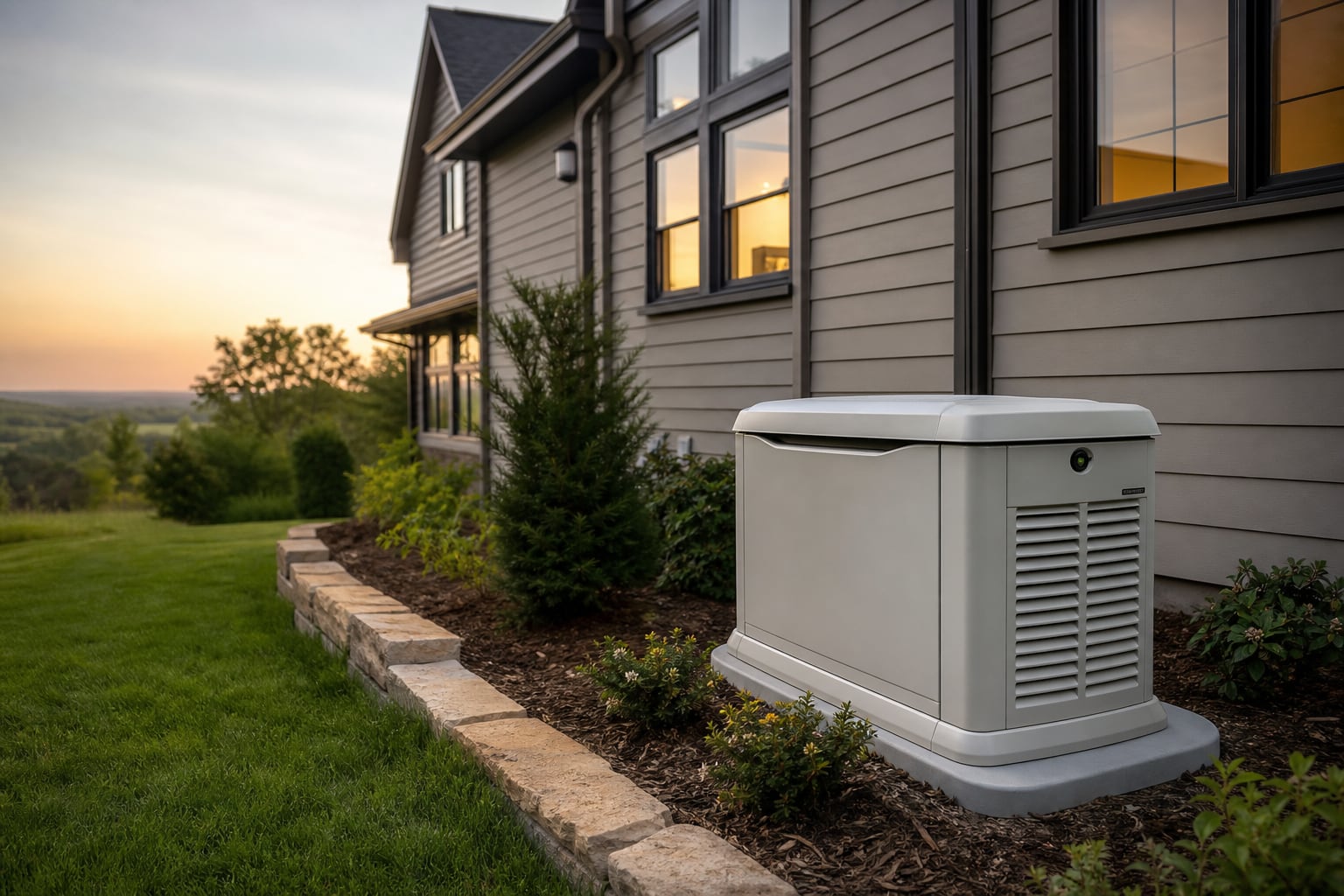 Génératrice résidentielle automatique installée à l’extérieur d’une maison moderne, près du tableau électrique de secours
