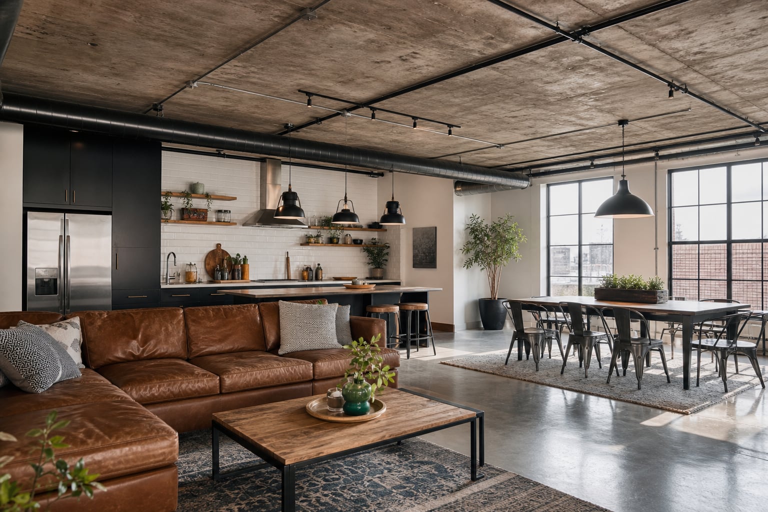 Salon contemporain au plafond industriel sombre avec poutres apparentes, suspensions métalliques noires et touches de bois