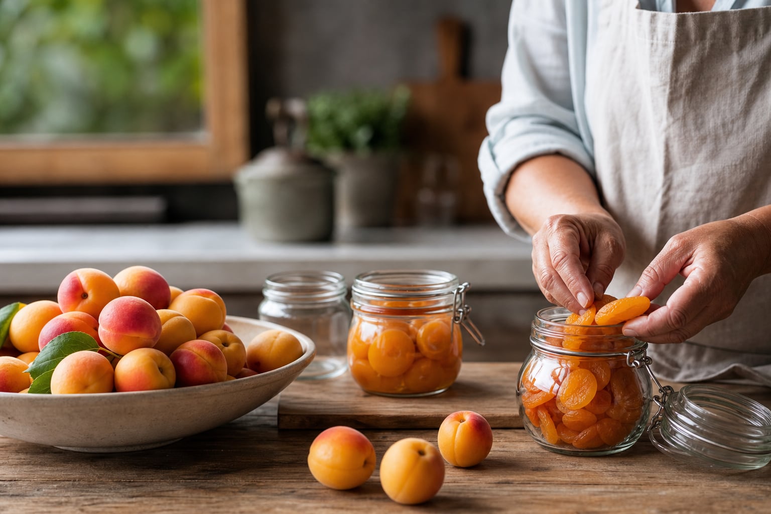 Abricots mûrs coupés en deux, bocaux au sirop et oreillons séchés disposés sur un plan de cuisine
