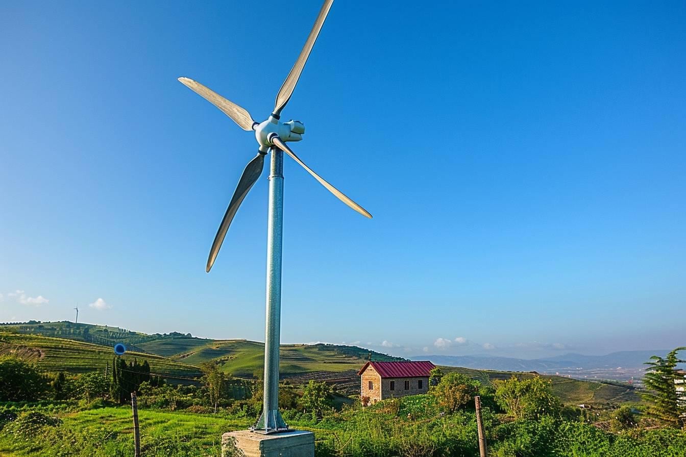 Éolienne domestique à trois pales installée sur un mât dans un terrain dégagé, sous un ciel venteux