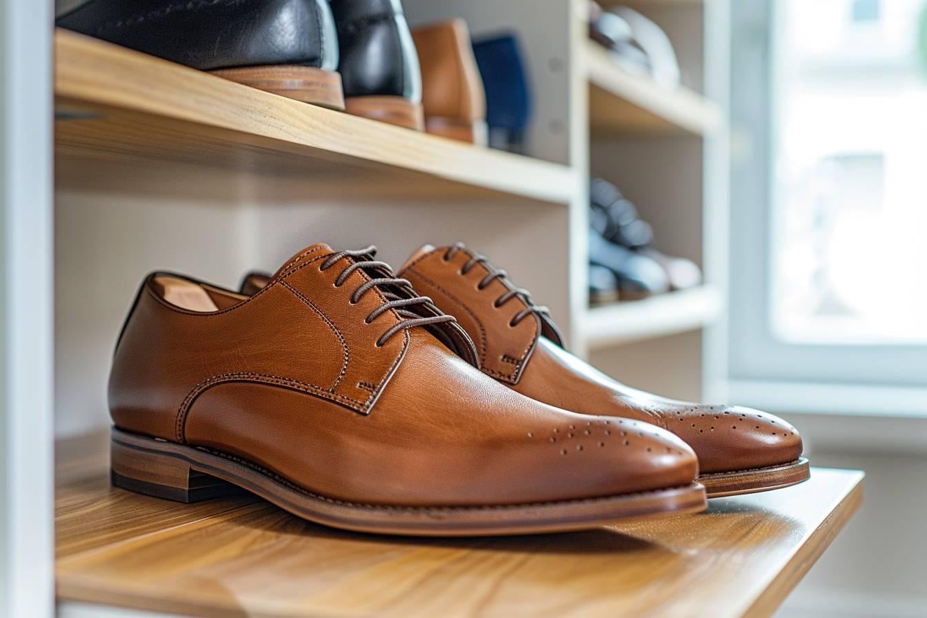 Paire de chaussures à lacets marron en cuir rangée avec embauchoirs sur une étagère de dressing