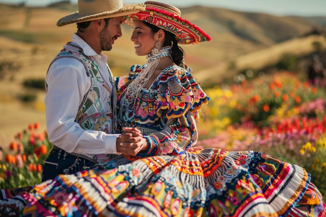 Couple dansant la cueca chilienne face à face avec des pañuelos levés dans une ambiance folklorique