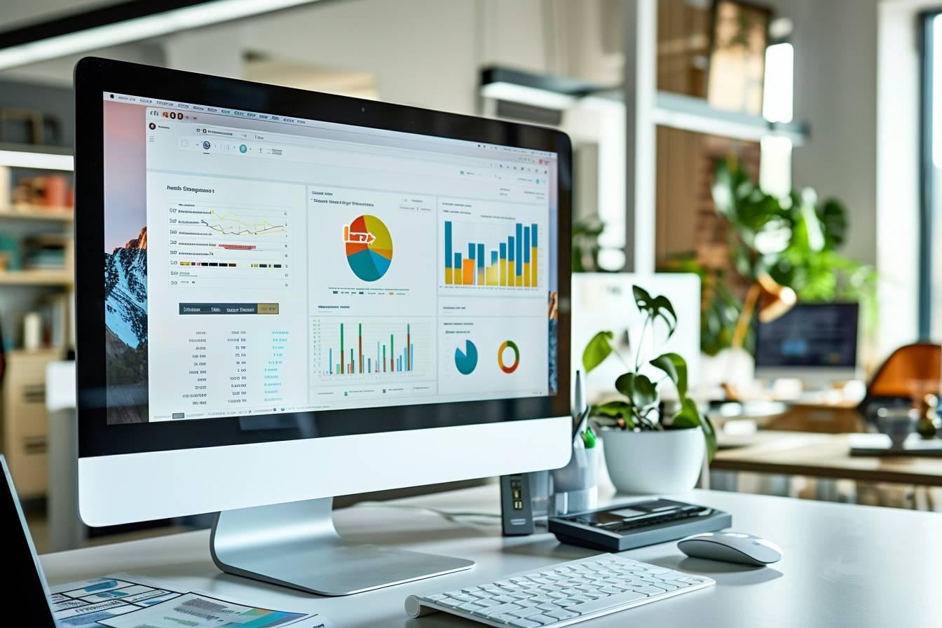 Professionnels consultant un rapport Power BI avec graphiques et indicateurs sur un écran partagé