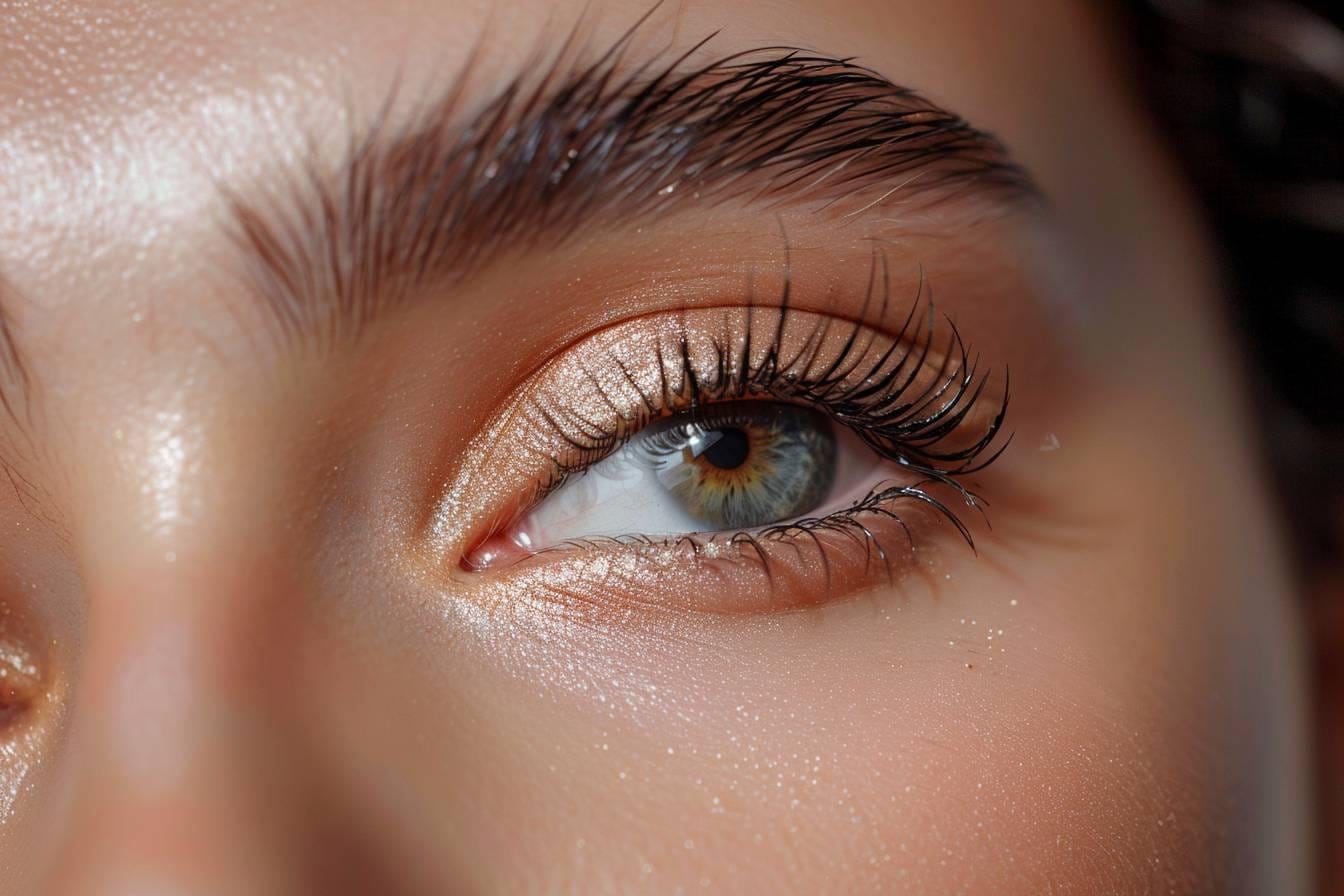 Gros plan d’un regard pendant l’application précise de mascara sur les cils inférieurs avec une fine brosse