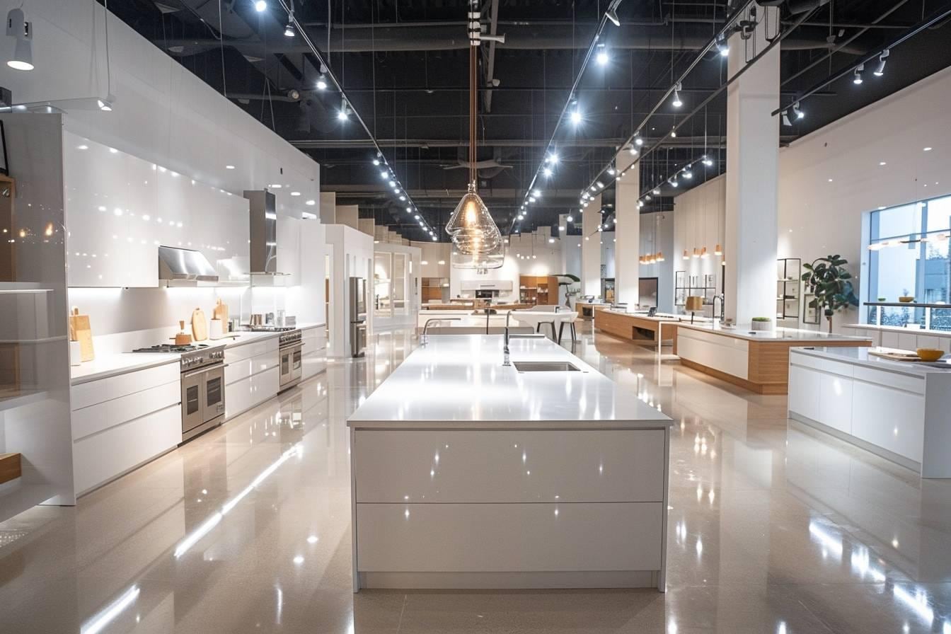 Cuisine moderne équipée aux façades mates et plan de travail clair dans un intérieur lumineux
